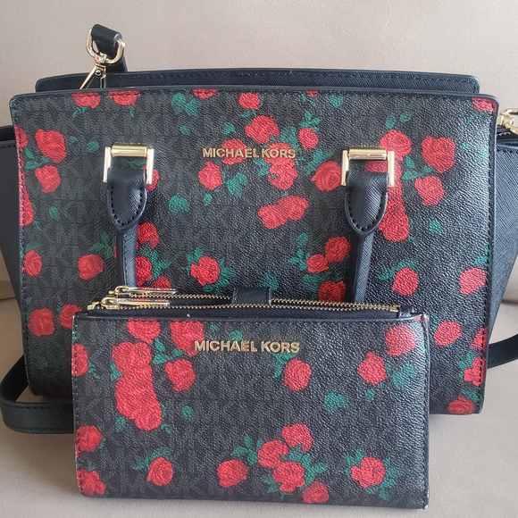 Michael Kors Black and Red Floral Shoulder Bag & Wallet Set - Picture 1 of 8